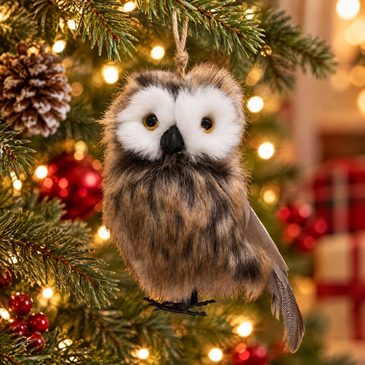 Brown and White Plush Owl Christmas Ornament, 8", by Holiday Time