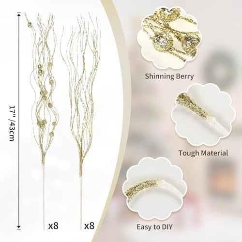 16 Piece Artificial Glitter Berry Stems 17 Inch Gold Christmas Tree Picks