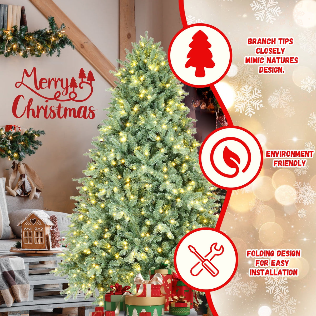 Makeatree 6FT Prelit Blue Spruce Artificial Christmas Tree w/ 500 LED Lights,1878 PE&PVC Branch Tips