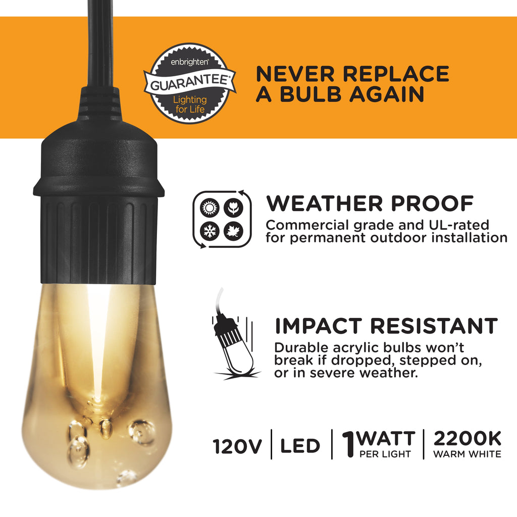 Enbrighten 48ft 24 Bulbs Vintage Indoor/Outdoor LED Café String Lights, Black Cord, 35631