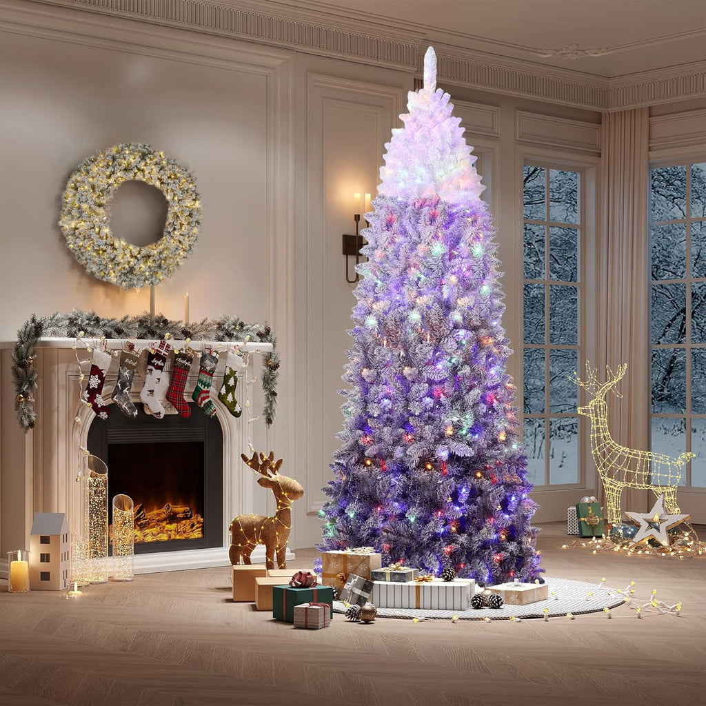 4.5/6/7.5/9 ft Flocked Pencil Christmas Tree with 100 Lights, Pre Lit Tall Skinny Christmas Tree with PVC Branch Tips, Premium Hinged Xmas Tree with Metal Base, Slim Artificial Christmas Tree