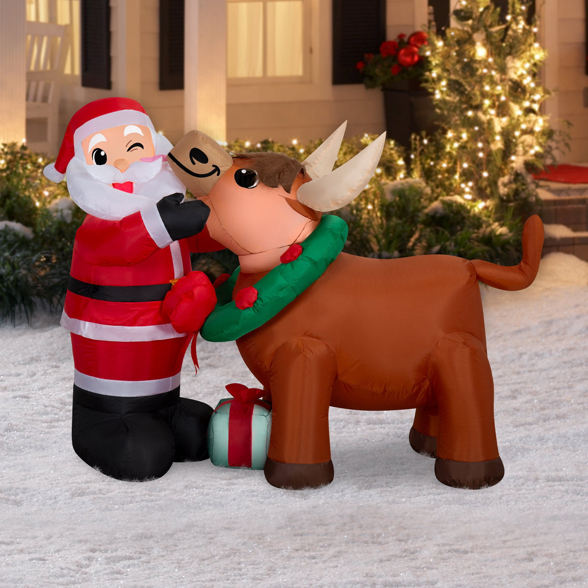 Multicolor Santa and Highland Cow Christmas Airblown Yard Inflatable, 5.5', by Holiday Time