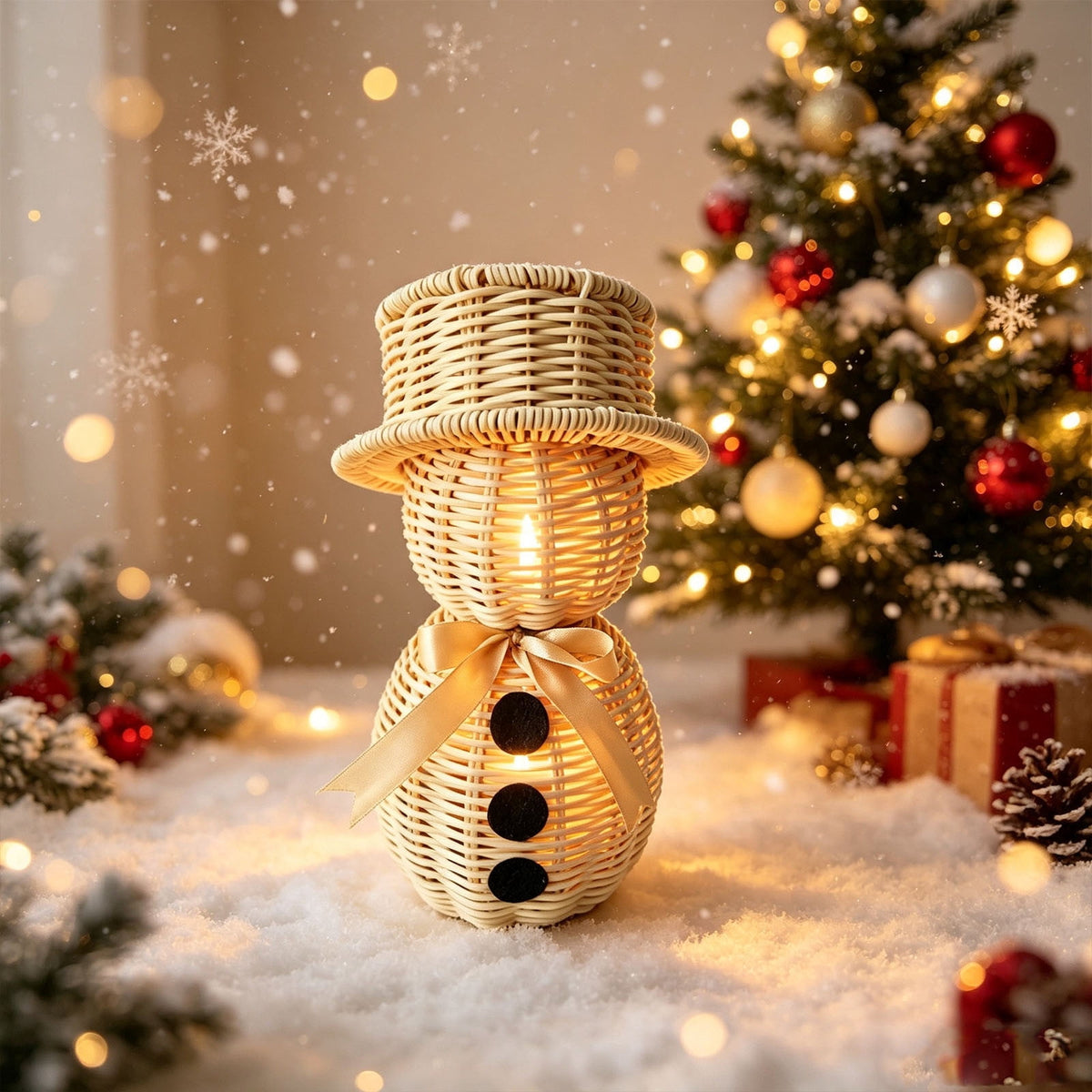 FeiBiQiuBi 14.9" Resin Rattan Style Snowman, Rustic Snowman Decorations with Bow, Woven Natural Style Freestanding Design Winter Farmhouse Decor for Home Kitchen Garden, Holiday Table Mantel Decor