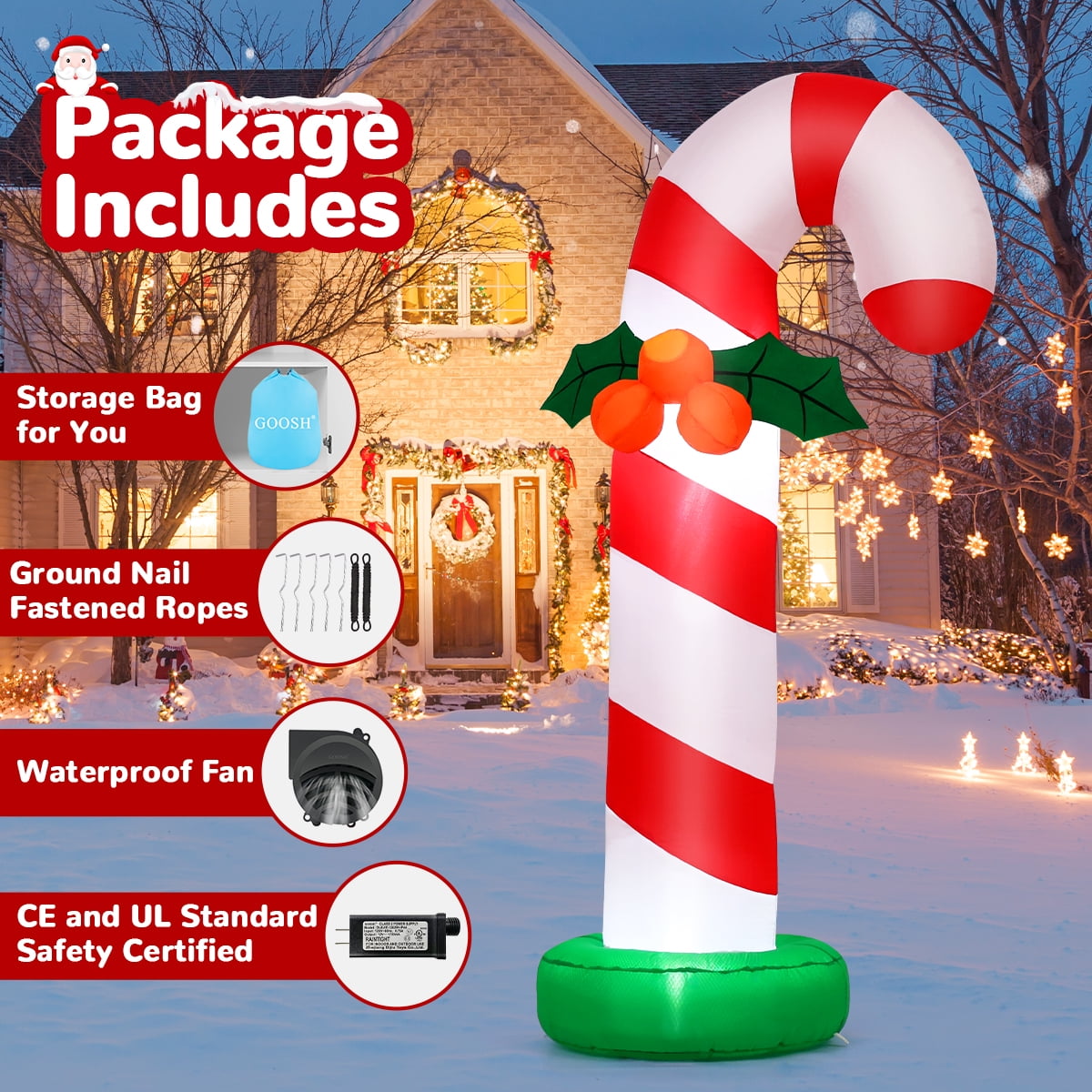 GOOSH 6 FT Christmas Inflatables Giant Candy Cane Decorations, Candy Cane Inflatable with Built-in LEDs, Outdoor Christmas Decorations Clearance for Xmas/Holiday/Party