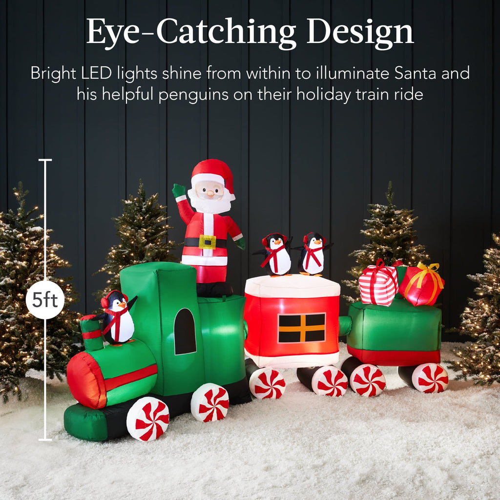 Best Choice Products 8.5 x 5ft Pre-Lit Inflatable Christmas Train & Animated Santa Claus w/ 10 LED Lights, Ground Stakes