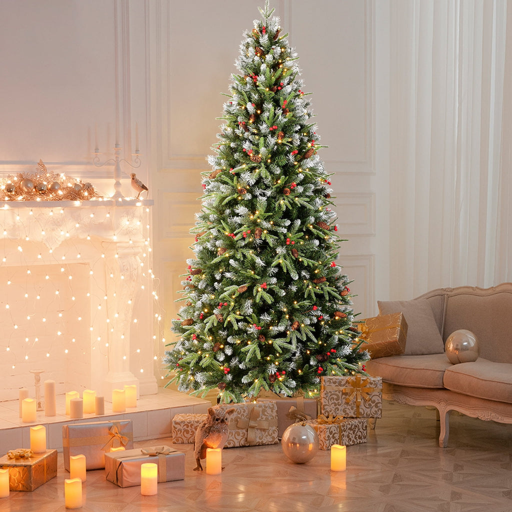 Maylaviu 7ft Lighted Artificial Christmas Tree with 2178 Premium PE/PVC Branches, 450 Lights, Pine Cones, Red Berries, Foldable Metal Base, Green