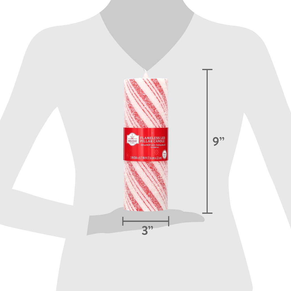 Indoor Battery-Operated LED Plastic Flameless Candy Cane Christmas Pillar Candle, Red and White, 8.7", by Holiday Time