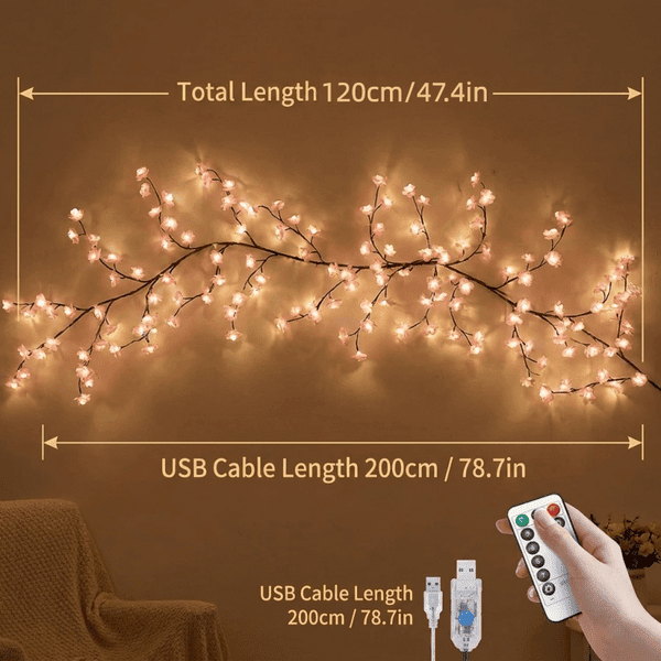 48LED/3.94FT Cherry Blossom Vine Lights with Remote Control, 8 Lighting Modes for Bedroom Wall and Indoor Decor