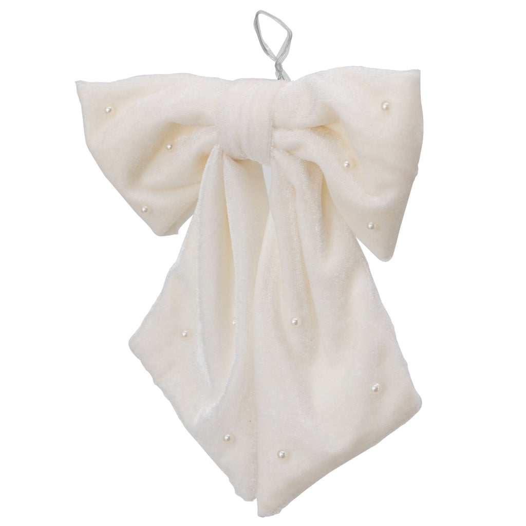 My Texas House White Beaded Velvet Decorative Christmas Bow, 7.5"