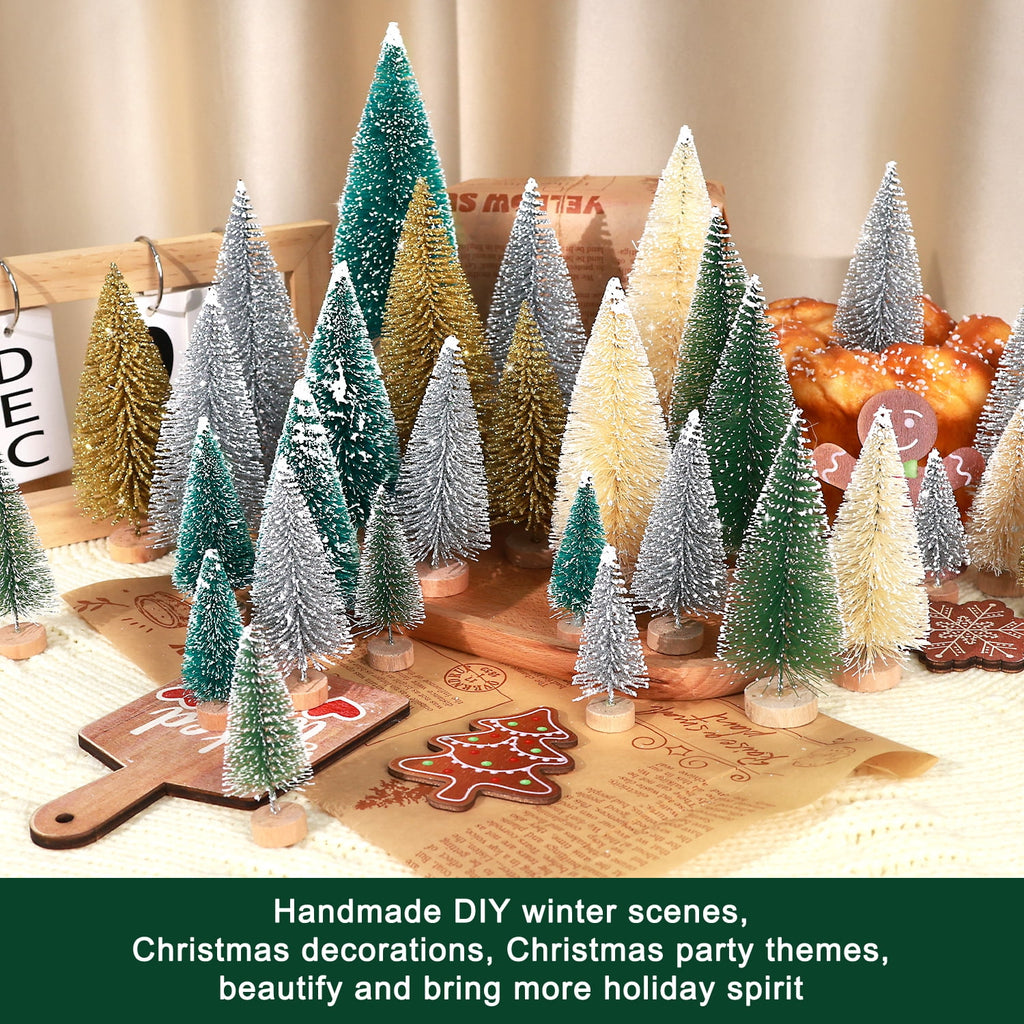 Ayieyill 30PCS Artificial Mini Christmas Trees, Mini Pine Tree Sisal Trees with Wood Base Bottle Brush Trees for Christmas Table Top Decor Winter Crafts Ornaments