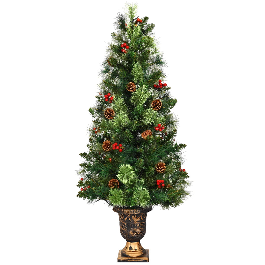Costway 4ft Pre-Lit Christmas Entrance Tree In Urn w/ 60 LED Light Red Berries Pine Cone