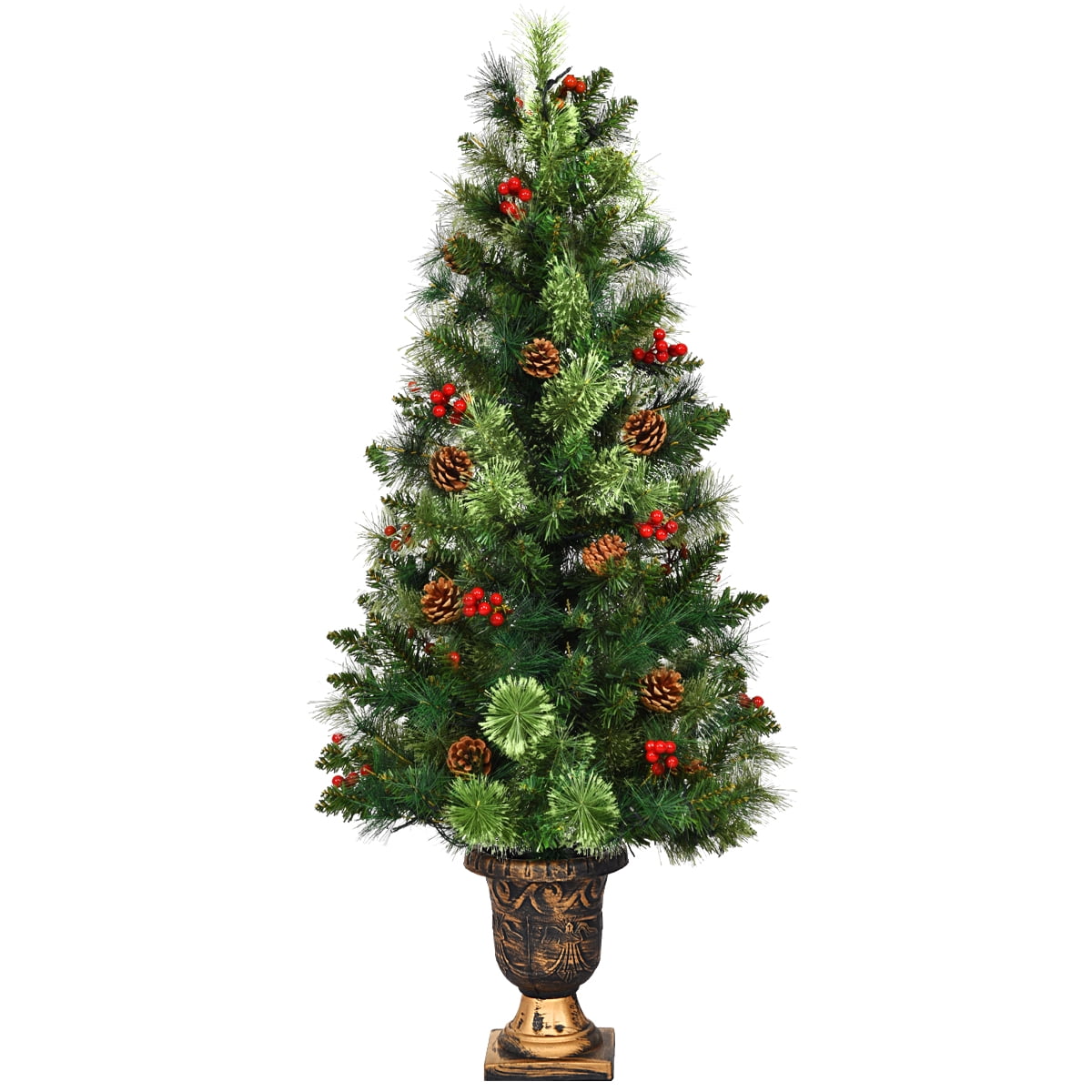 Costway 4ft Pre-Lit Christmas Entrance Tree In Urn w/ 60 LED Light Red Berries Pine Cone