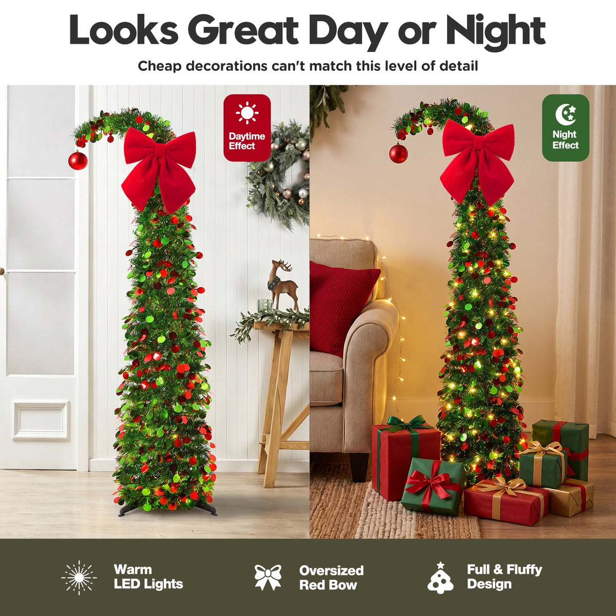 Ayieyill Christmas Tree 5FT Pencil Christmas Tree, Collapsible Pop up Tinsel Tree for Christmas Decorations Indoor, Pink