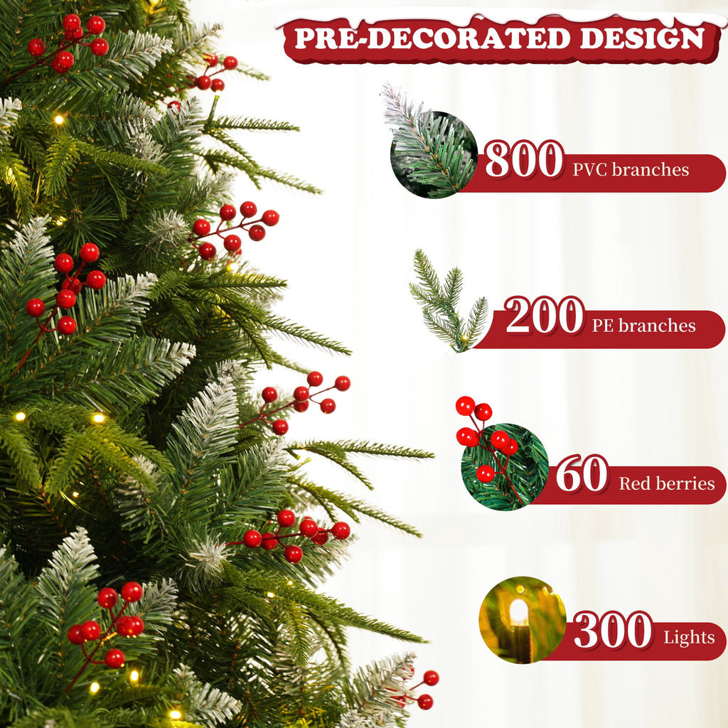 Yexmas 7.5ft Pre-Lit Artificial Christmas Trees,Green Xmas Tree with Large Christmas Tree Storage Bag,Berries, Realistic Artificial Christmas Trees for Home, Office, Party Decoration