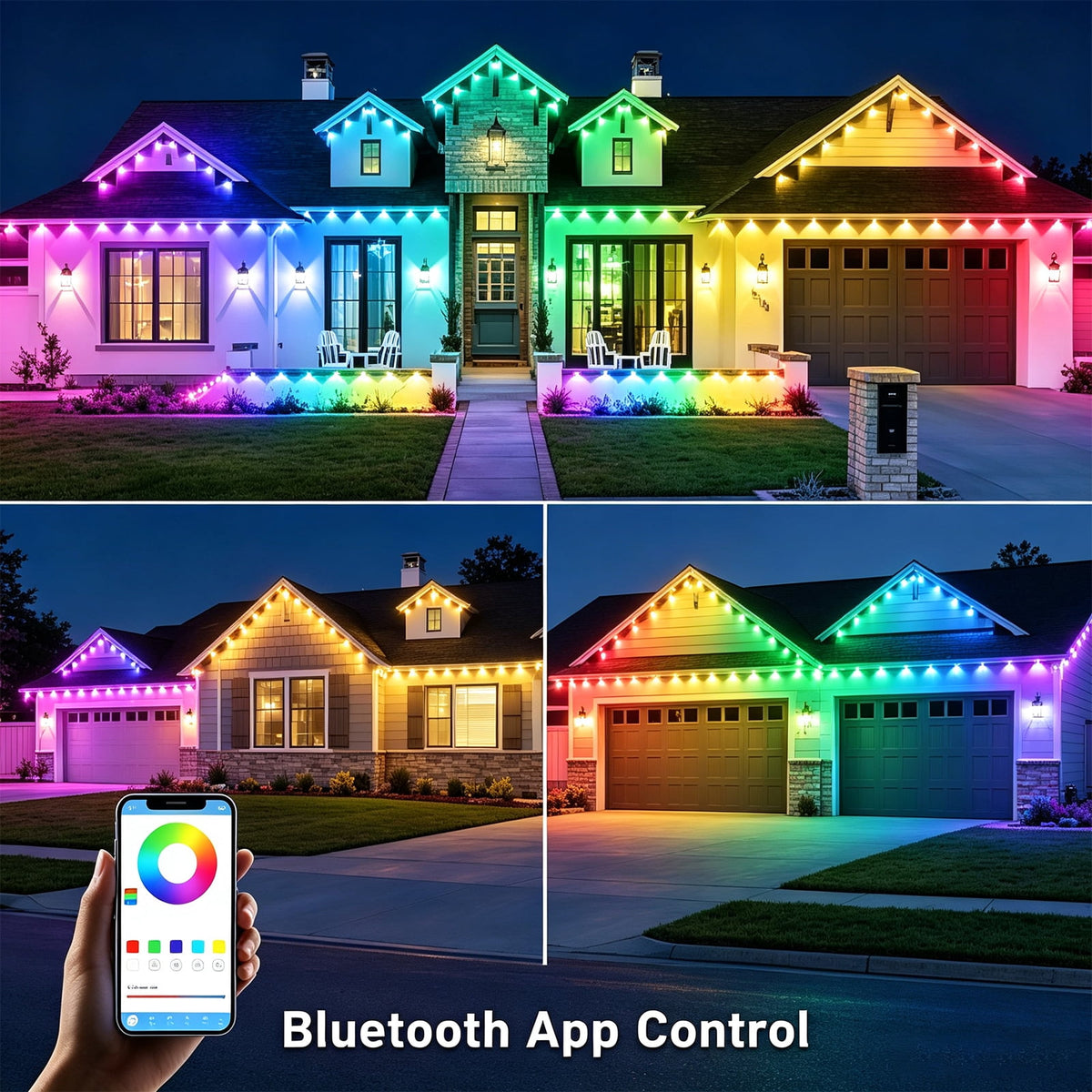 50ft RGB+IC Permanent Outdoor Eaves Lights With App & Remote Control, IP67 Waterproof LED Rain Gutter Lights for Year-Round Christmas Halloween, Valentine's Day, Holiday, Party Outdoor Decor
