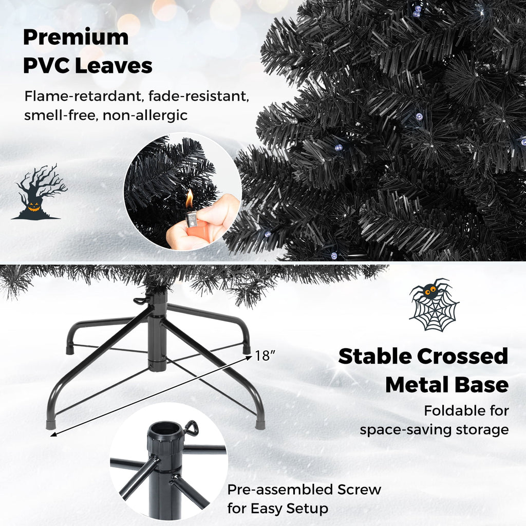 Gymax 6 FT Pre-Lit Black Halloween Christmas Tree Full Artificial Hinged Tree