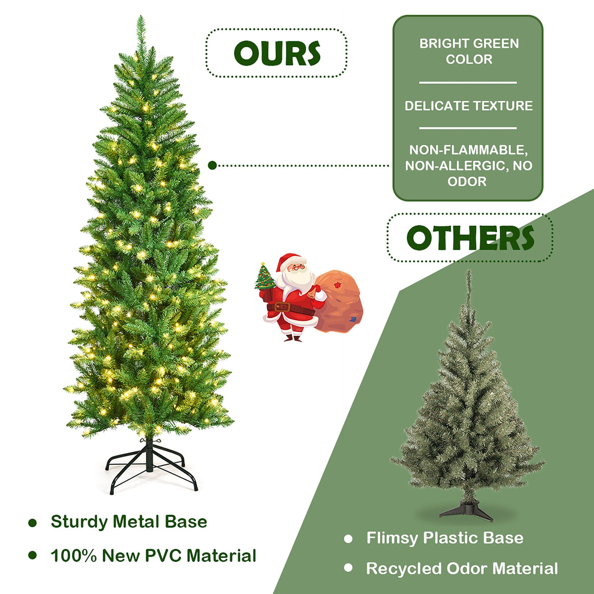 Costway 6Ft Pre-lit Artificial Pencil Christmas Tree Hinged Fir PVC Tree with 250 LED Lights