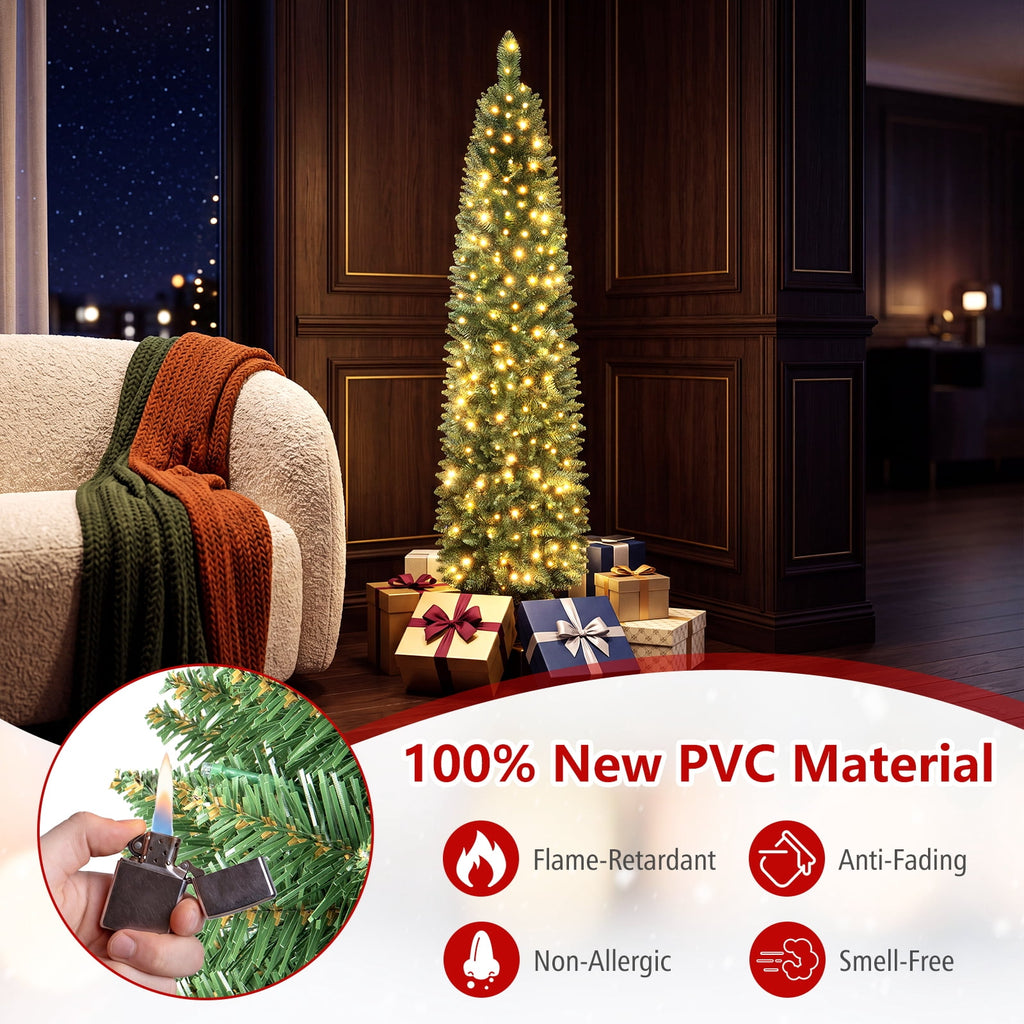 Costway 5 FT Pre-Lit Pencil Christmas Tree with 150 LED Lights & 296 Branch Tips Party