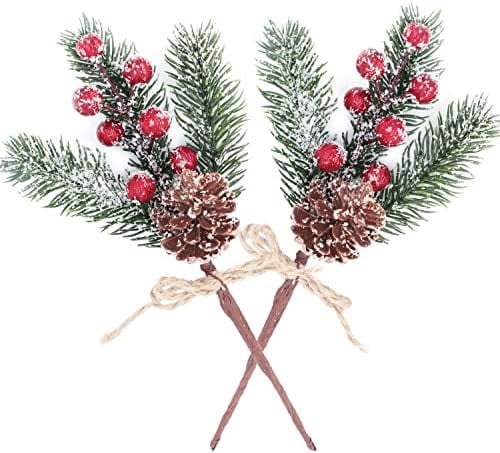 10 Piece Artificial Christmas Tree Picks 8 Inch Frosted Pine Branches Red Holly Berries