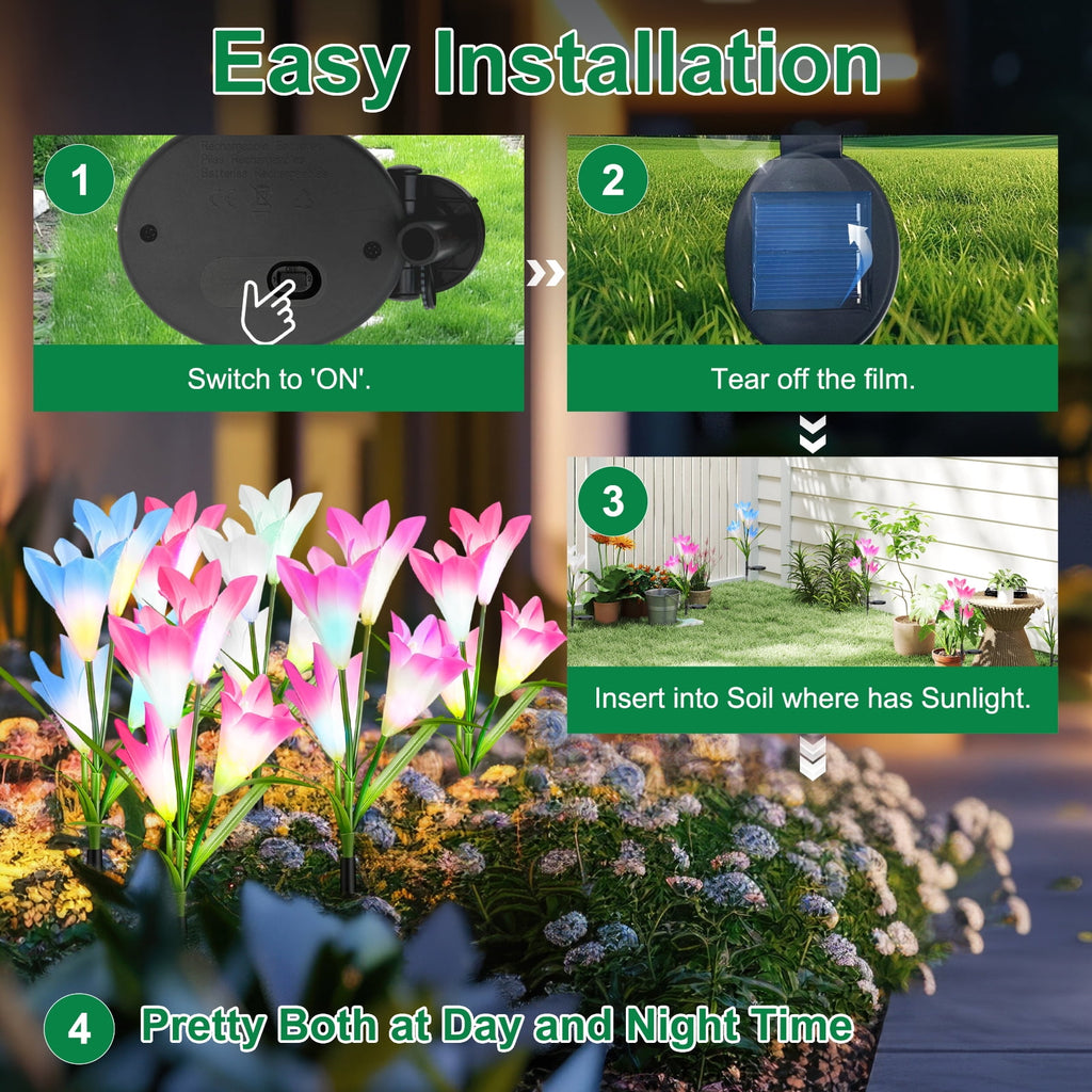 Solar Garden Lights Outdoor, 6 Packs Solar Lily Flower Lights Waterproof, Color Changing LED Solar Lights Outdoor Decorative, Bigger Solar Panel for Outside Patio Garden Pathway Yard Decoration