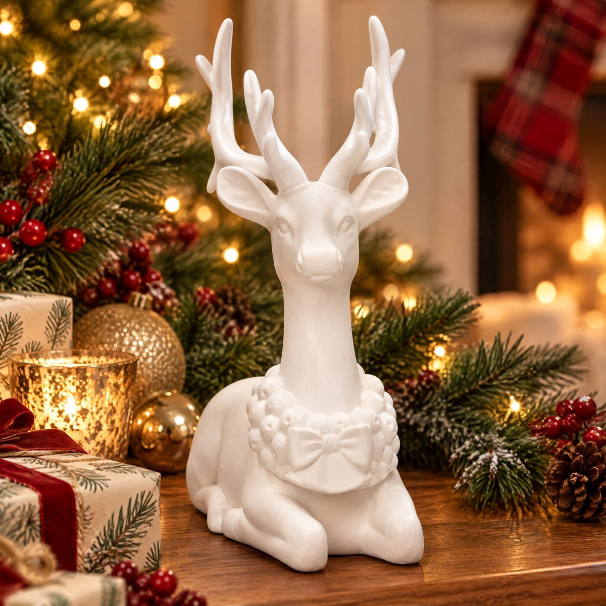 Blow Mold Sitting Deer Christmas Decoration, White, 11", by Holiday Time