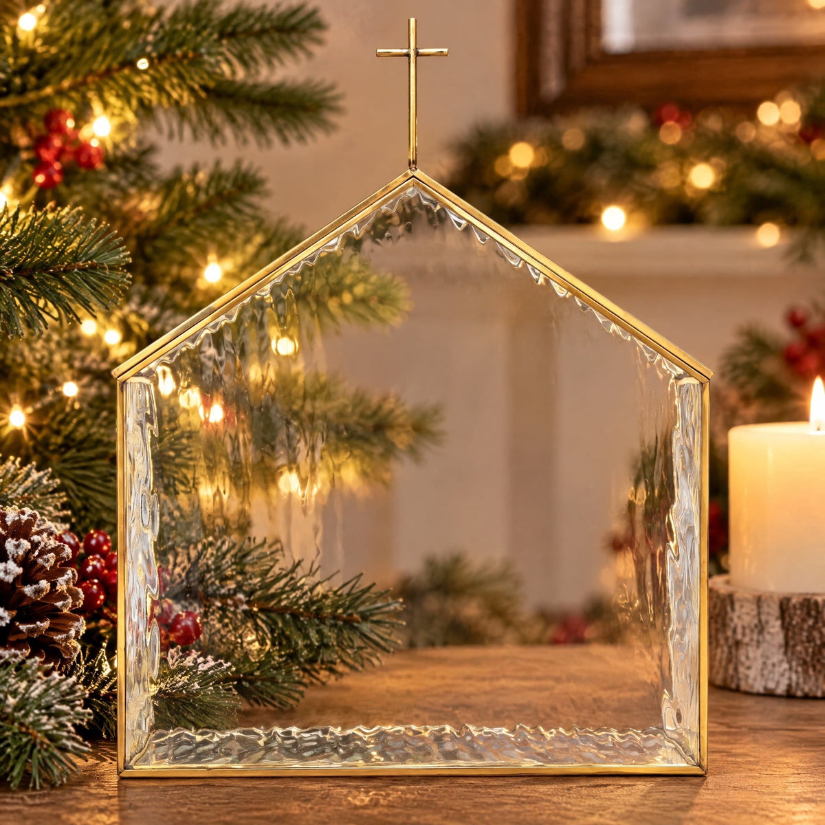 Large Glass Church Christmas Decoration, Gold and Clear, 13", by Holiday Time
