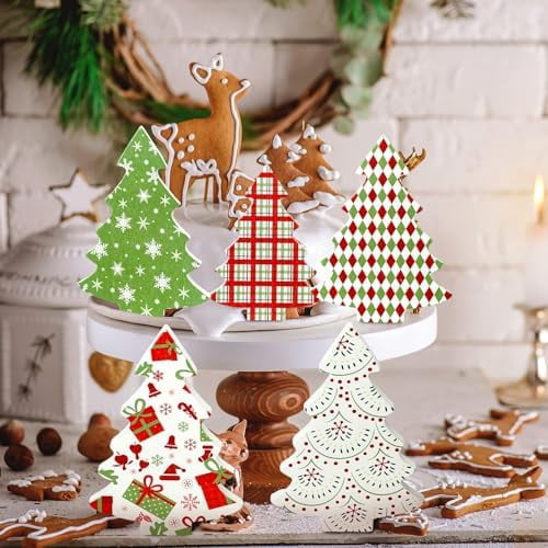 Huwena 5 Pcs Wooden Christmas Trees Decor,Red Green White Buffalo Plaid