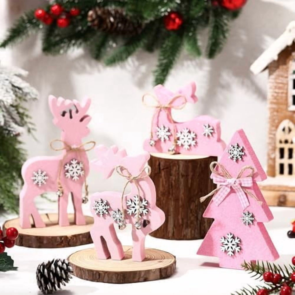 Christmas Reindeer Tabletop Decorations 4 Piece Wooden Reindeer and Christmas Tree Centerpieces Pink
