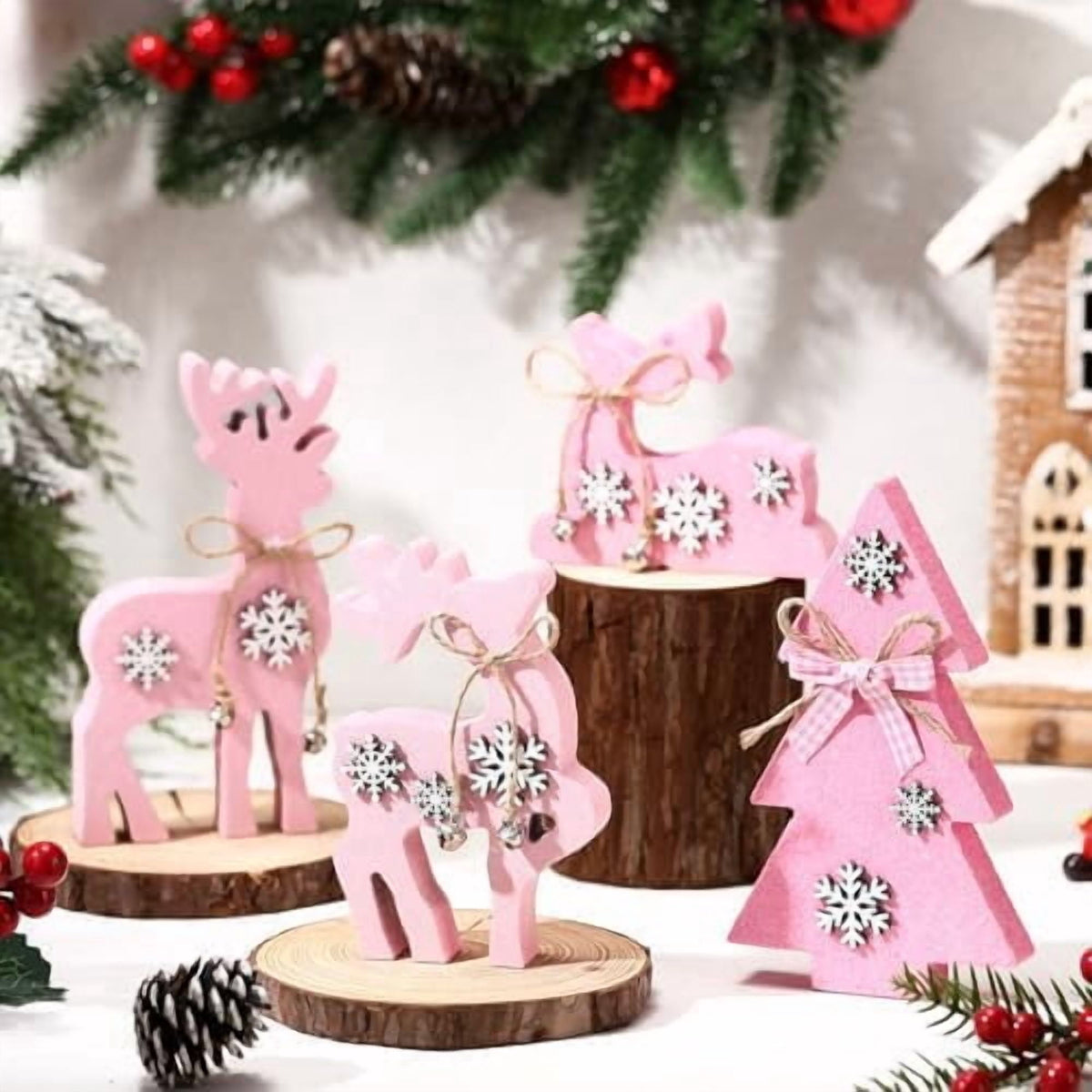 Christmas Reindeer Tabletop Decorations 4 Piece Wooden Reindeer and Christmas Tree Centerpieces Pink