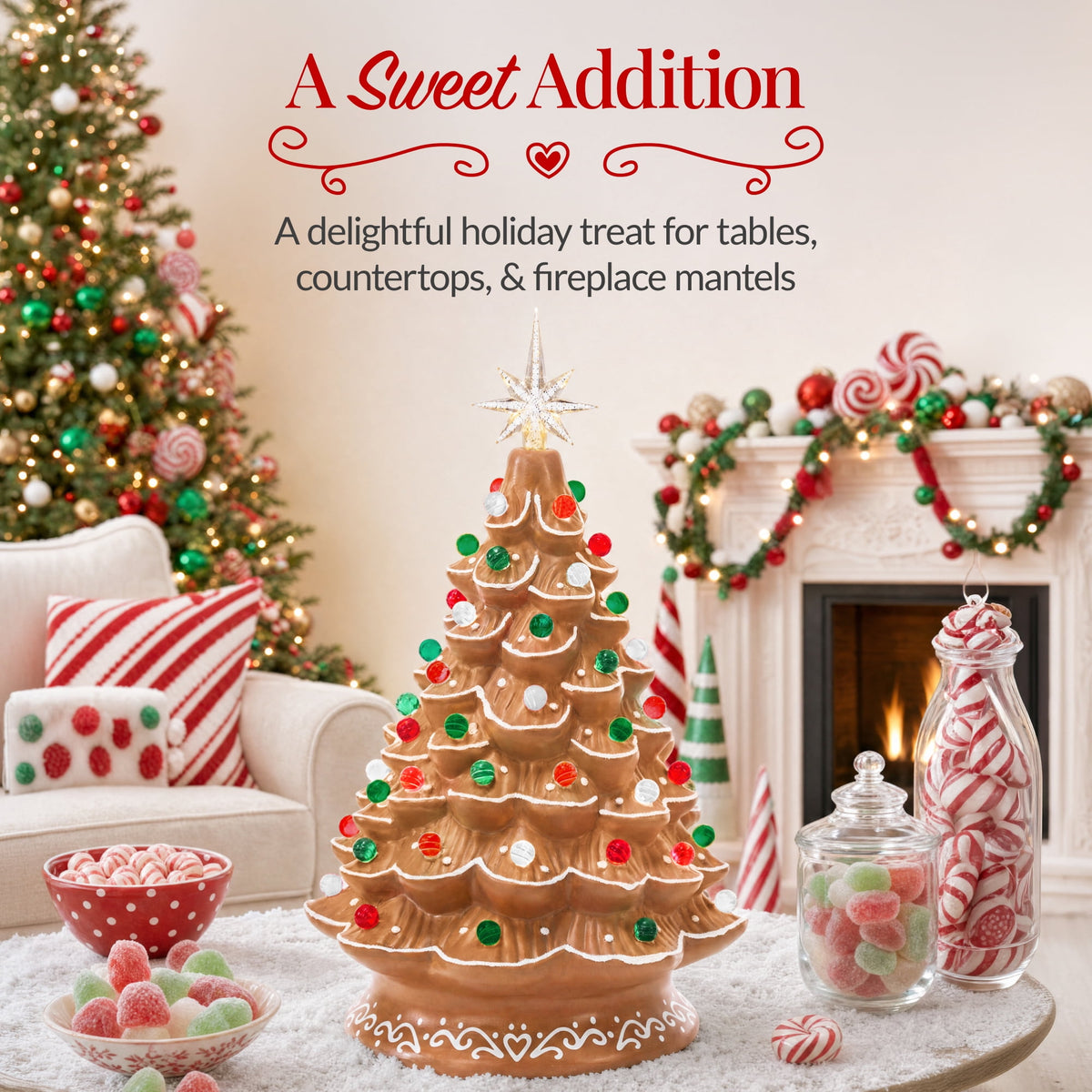 Best Choice Products 15in Ceramic Christmas Tree, Pre-lit Hand-Painted Tabletop Holiday Tree, Gingerbread Red/White/Grn