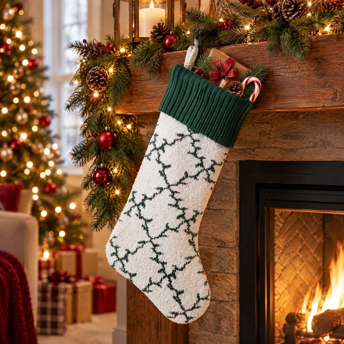 Knit Trellis Christmas Stocking, Green and White, 19", by Holiday Time