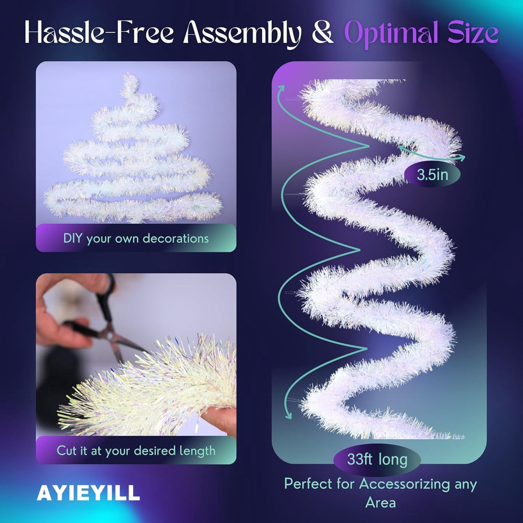 Ayieyill 33ft Tinsel Garland Hanging Christmas Tree Garland for Christmas Tree Decorations Indoor, Iridescent