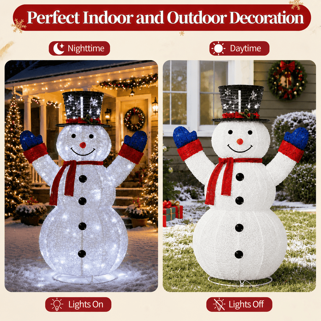 4ft Lighted Christmas Pop Up Snowman, Collapsible Large Velvet Snowman with 120 Cool White LED Lights, Indoor Outdoor Yard Porch Garden Holiday Party Decorations