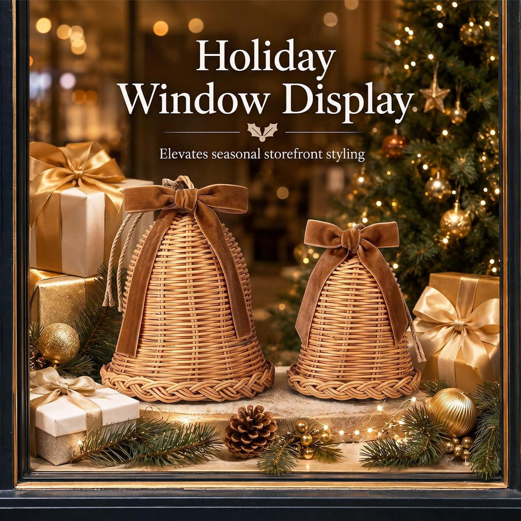 2 Pcs Woven Rattan Christmas Bells with Velvet Bows