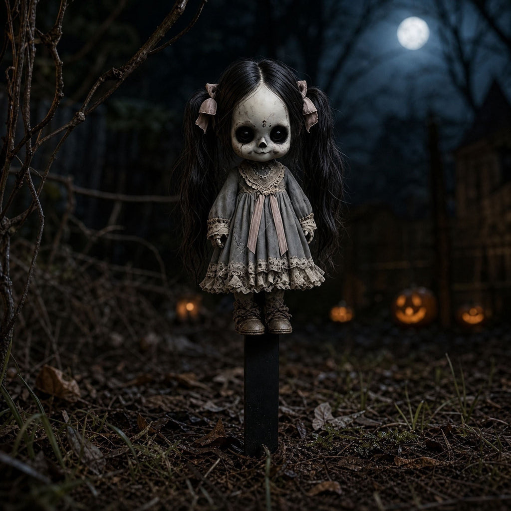 erdimoy 7.87in Tall Creepy Vintage Horror Doll Yard Stakes, 2D Waterproof Acrylic Spooky Ghost Doll Lawn Plug-In Ornaments, Scary Graveyard Garden Pathway Decor for Halloween Outdoor