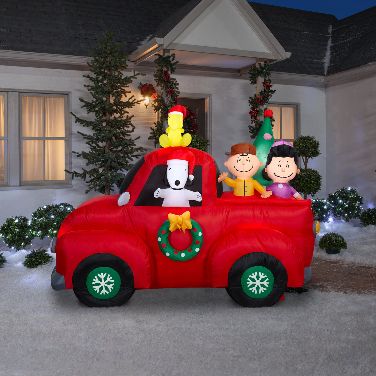 Gemmy Airblown Peanuts Snoopy Driving Truck with Friends Christmas Inflatable, 6-Ft, LED Yard Decor