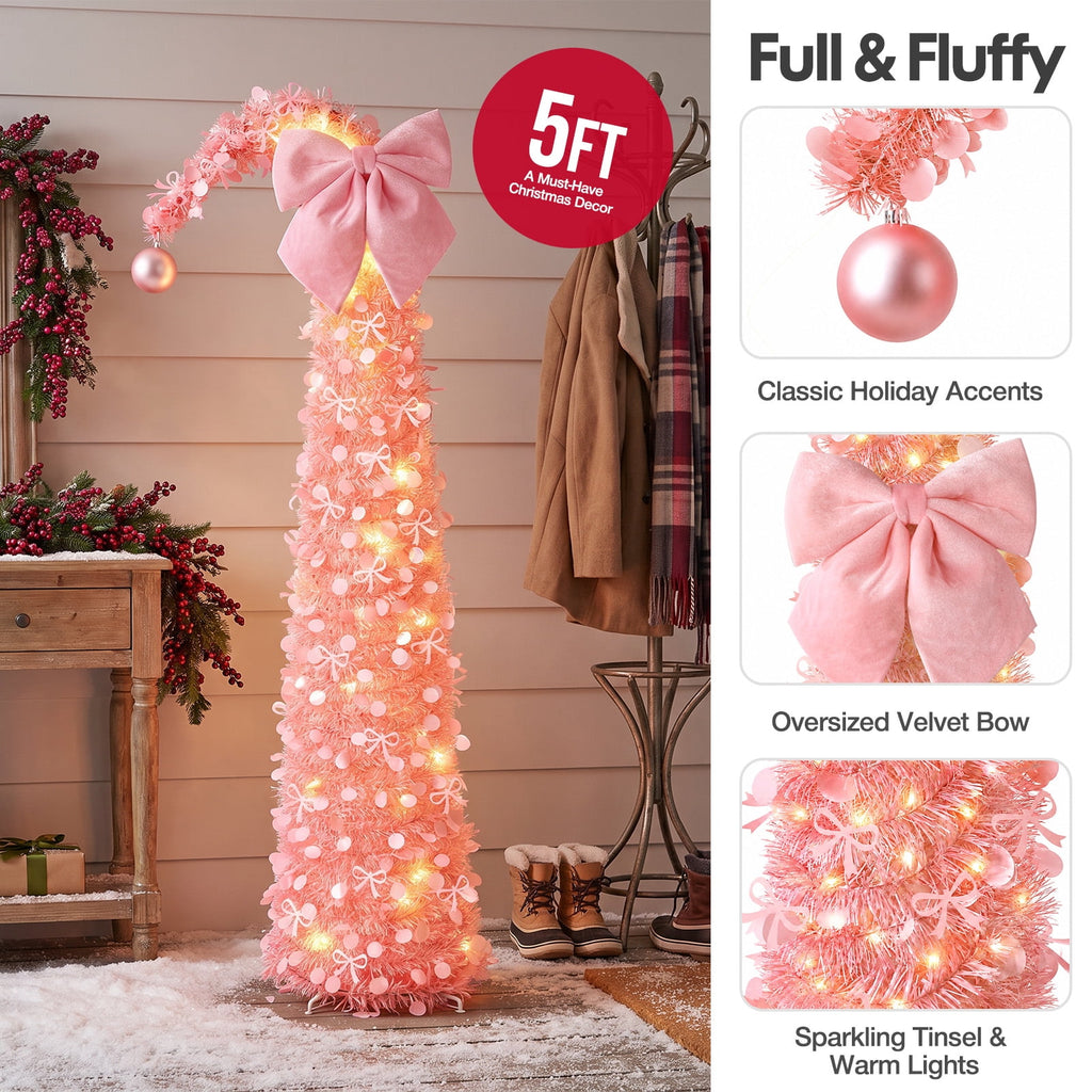 Ayieyill Christmas Tree 5FT Pencil Christmas Tree, Collapsible Pop up Tinsel Tree for Christmas Decorations Indoor, Pink