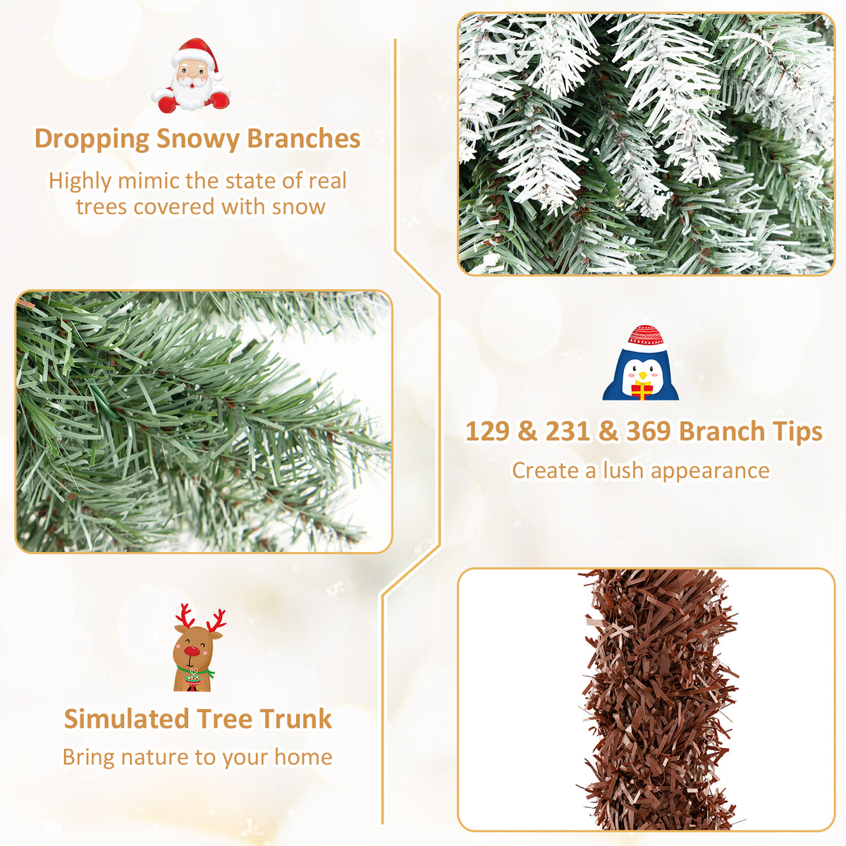 Topbuy 3/4/5FT Set of 3 Artificial Christmas Tree Pre-lit Pencil Christmas Tree with 129/231/369 Snowy Branch Tips
