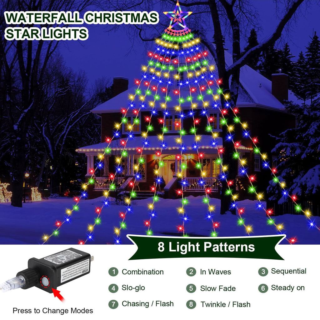 New Outdoor Christmas Decoration Lights Plug-in 8 Modes & 350 LED Christmas String Waterfall Fairy Tree Lights Indoor Outdoor Holiday Lighting Decorations, Multicolor