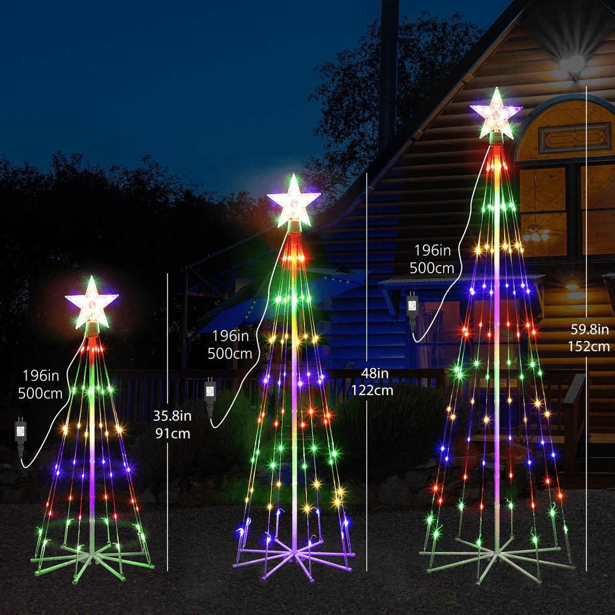 BTY KA 3-piece LED outdoor Christmas tree light show decoration, external lighting conical Christmas decoration with star decoration, courtyard porch backyard terrace,3 feet 4 feet 5 feet