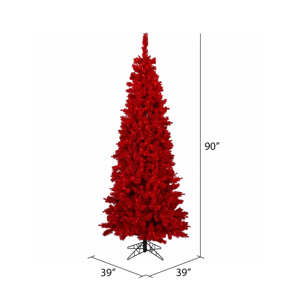 Vickerman 7.5' x 39" Flocked Red Slim Fir Artificial Christmas Tree, Red Dura-lit LED Lights