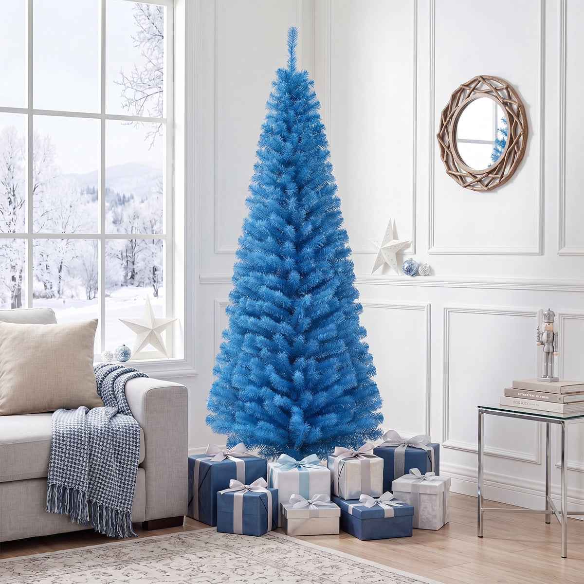 Patiojoy 6FT Blue Tinsel Artificial Pencil Christmas Tree w/ Sturdy Metal Stand Seasonal Holiday Decoration for Home, Party