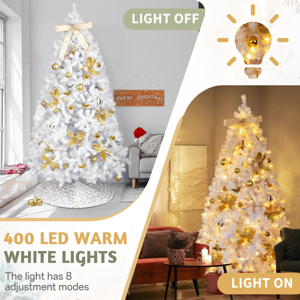 UBesGoo 7.5ft DIY Christmas Tree, Hinged Artificial Pine with 400 Warm LEDs & Golden Ornaments, Includes Tree Skirt, Green
