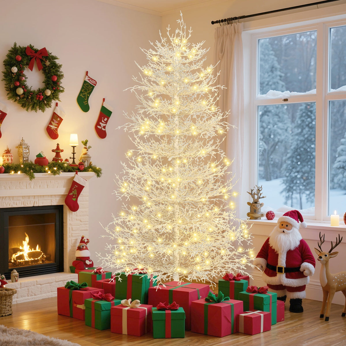 4FT Pre-lit Aspen Fir Artificial Christmas Tree, UHOMEPRO Hinged Xmas Tree 280 Snow Flocked Branch Tips, 230 Warm White LED Lights, Holiday Coral Christmas Tree for Home Party