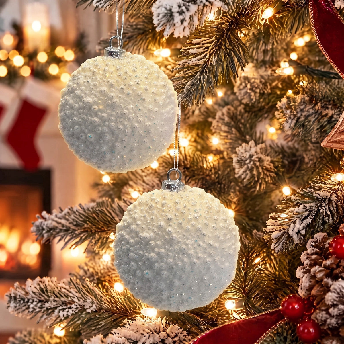 4-Count White Glitter Textured Ball Shatterproof Christmas Ornaments, 4.5", by Holiday Time
