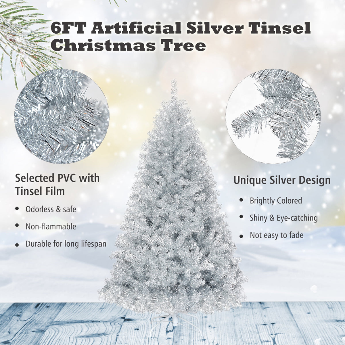 Gymax 6 FT Silver Tinsel Christmas Tree Artificial Hinged Tree Holiday Decoration