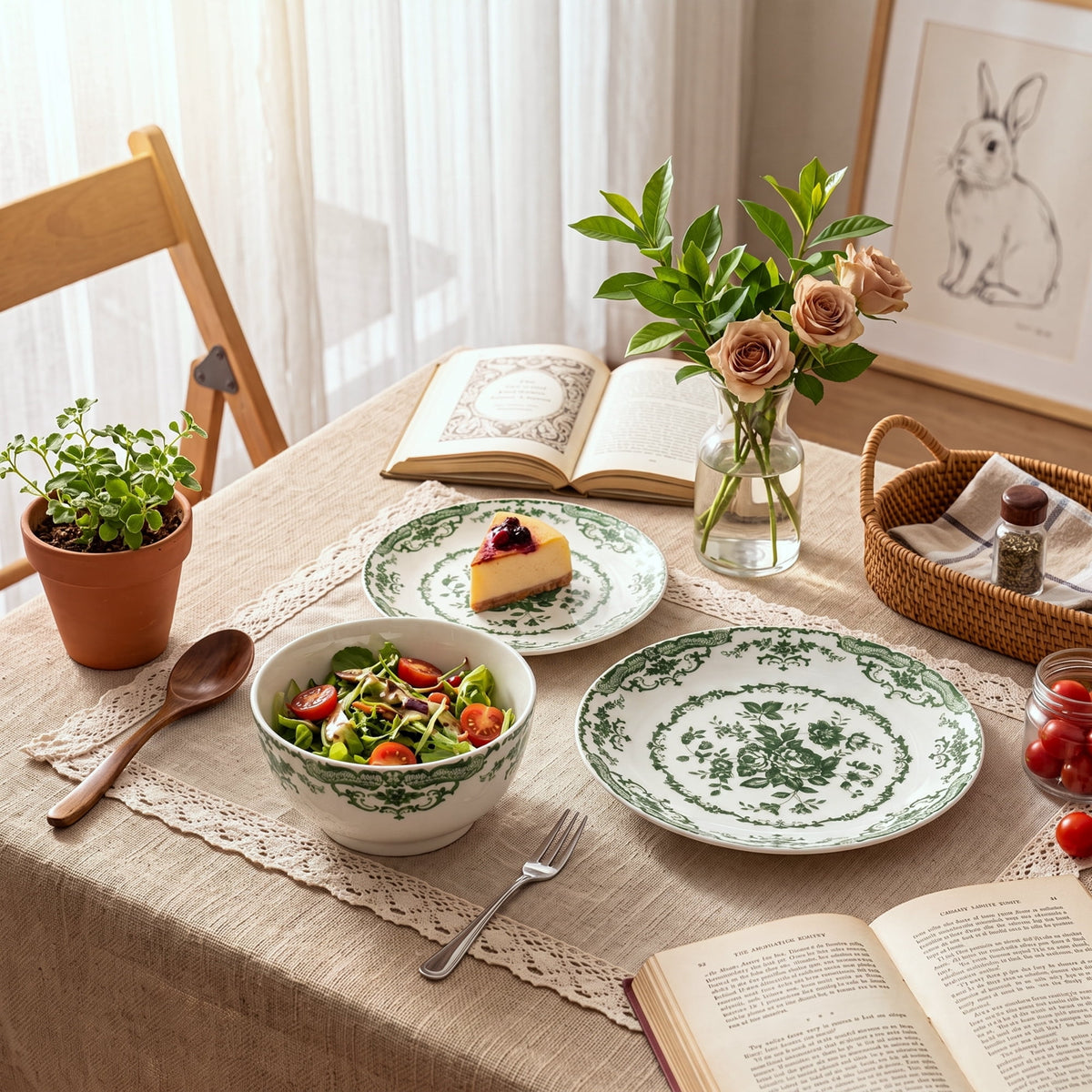 Onader 12 Piece Tableware Set, Rose Floral Dinnerware Set for 4, Ceramic Plates and Bowls Sets for Home Kitchen Restaurant, Scratch Resistant & Microwave Safe, Red