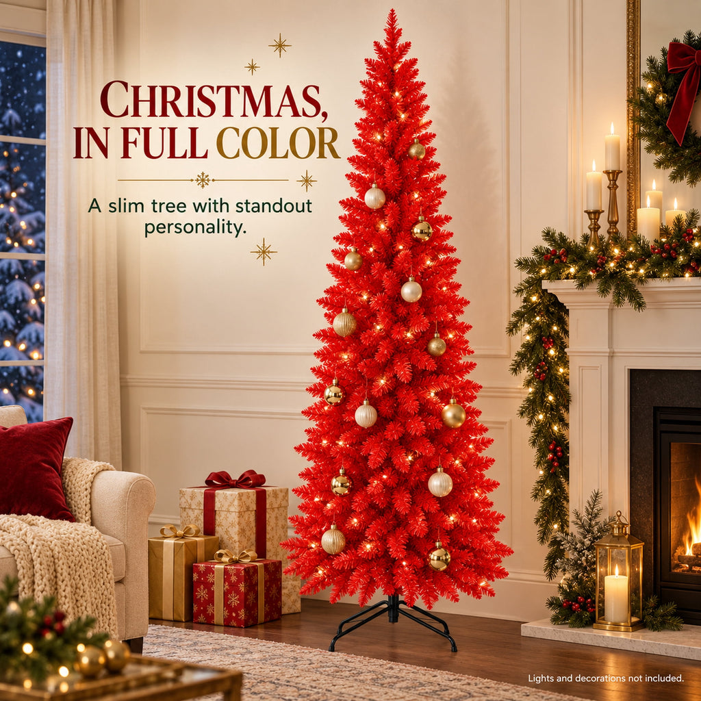 Ahititi 7 FT Red Christmas Tree, Slim Artificial Pencil Tree with 950 PVC Tips, Hinged Branches & Folding Stand, Holiday Decor