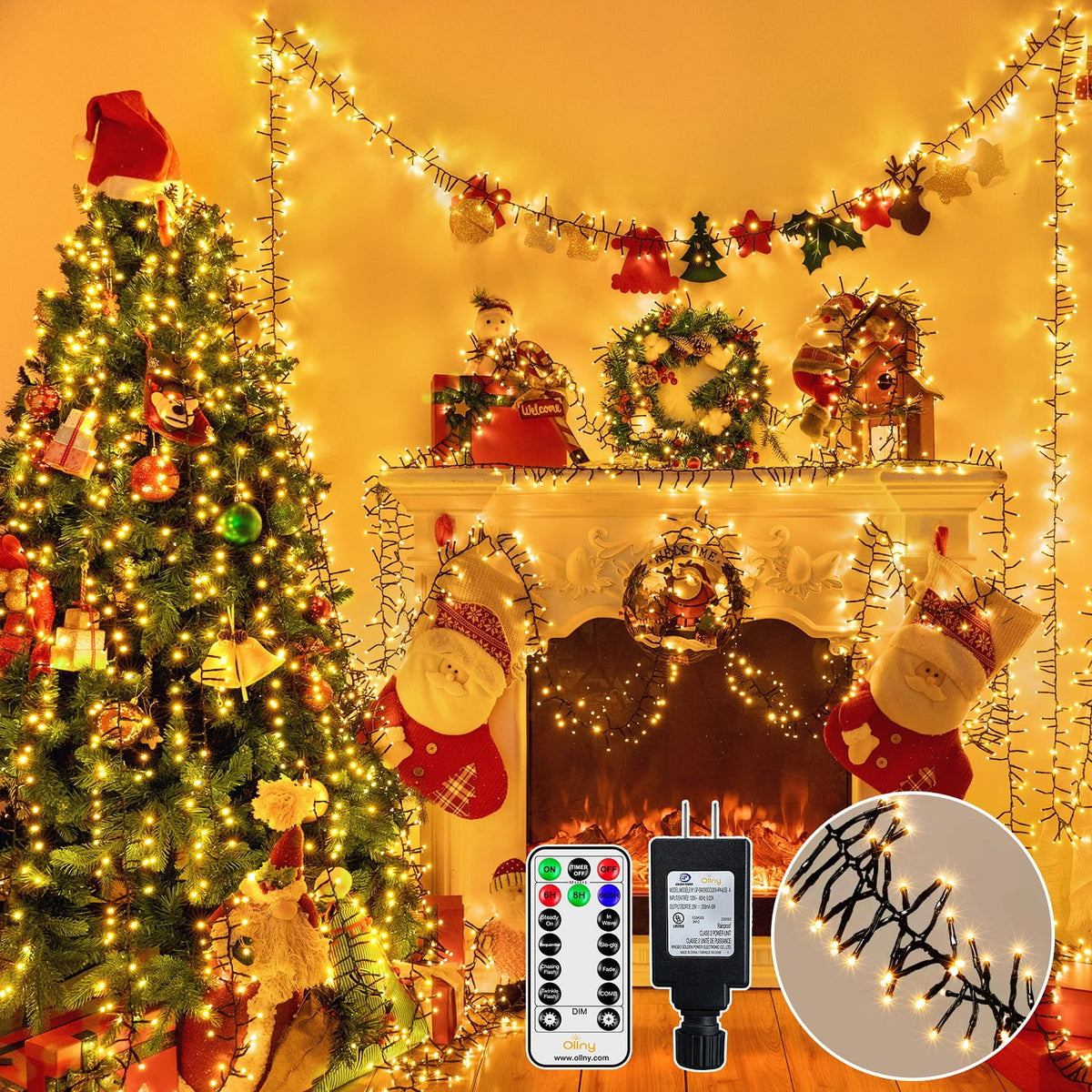 Ollny 20ft 400 LED Cluster Lights, 8 Lighting Modes with Remote Control Waterproof Indoor Outdoor Christmas Cluster Lights for Decorations
