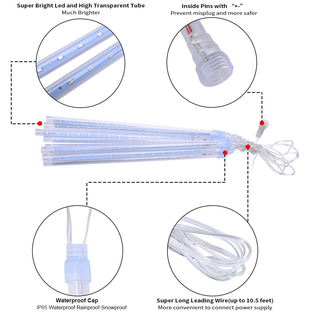 DONGPAI Meteor Shower Lights Outdoor, 11.8 Inch 8 Tube Icicle Lights, Waterproof Meteor Christmas Lights Outdoor, Hanging Falling Rain Lights for Xmas Tree Outside Holiday Decoration